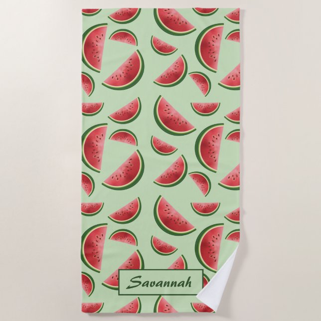 Watermelon Fruit Pattern On Green With Custom Name Beach Towel (Front)