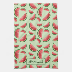 Watermelon Fruit Pattern On Green With Custom Name Tea Towel