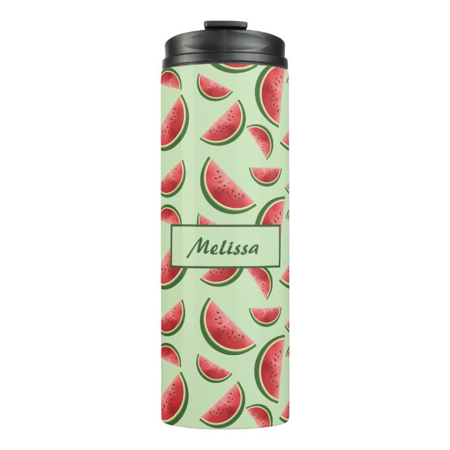 Watermelon Fruit Pattern On Green With Custom Name Thermal Tumbler (Front)