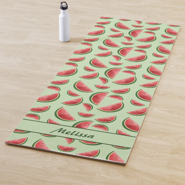 Watermelon Fruit Pattern On Green With Custom Name Yoga Mat (In Situ)