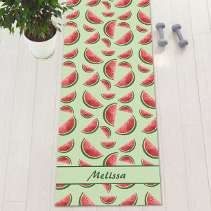 Watermelon Fruit Pattern On Green With Custom Name Yoga Mat