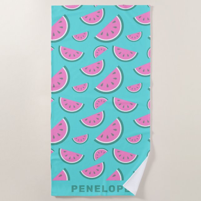 Watermelon Fruit Pattern Turquoise Personalised Beach Towel (Front)