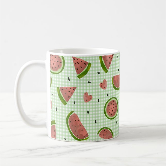 Watermelon Fruit Seamless Pattern on Green Gingham Coffee Mug (Left)