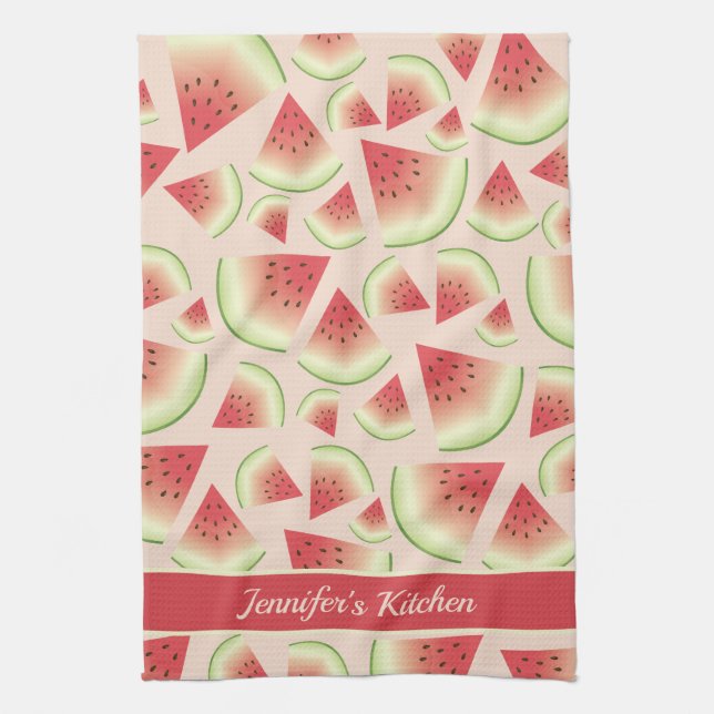 Watermelon Fruit Slices Pattern And Custom Text Tea Towel (Vertical)