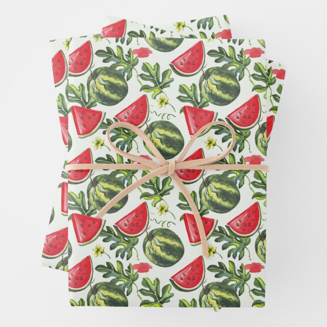 Watermelon Fruit, Watermelon Slices and Leaves  Wrapping Paper Sheet (In situ)