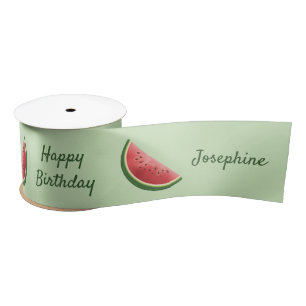 Watermelon Fruits On Green With Custom Text Satin Ribbon