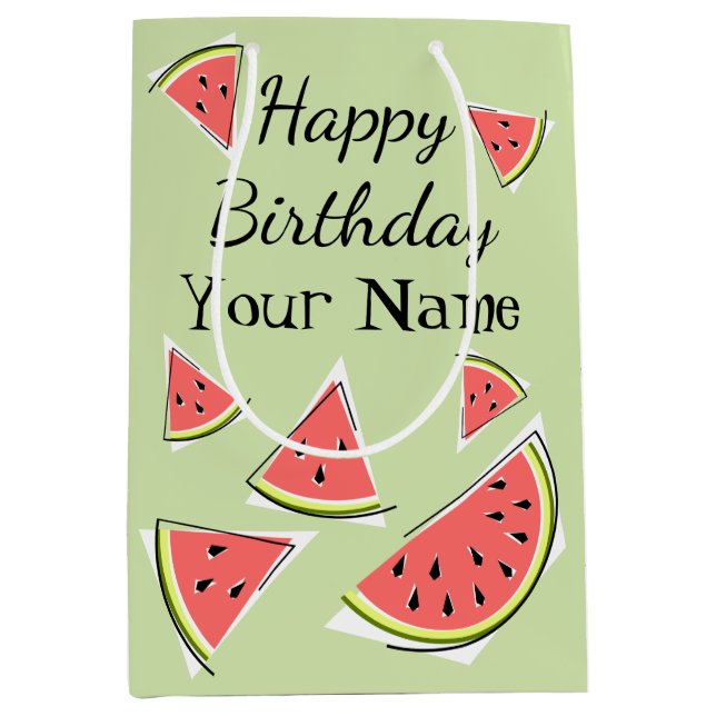 Watermelon Green Pieces Birthday Name Medium Gift Bag (Front)