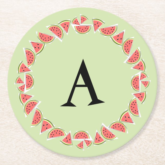 Watermelon Green Pieces Circle Monogram Round Paper Coaster (Front)
