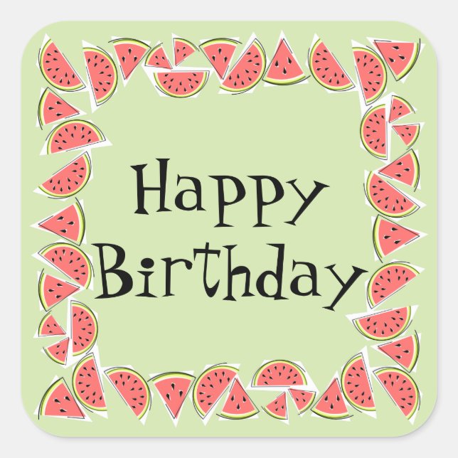 Watermelon Green Pieces Square Happy Birthday Square Sticker (Front)