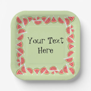 Watermelon Green Pieces Square Text Paper Plate