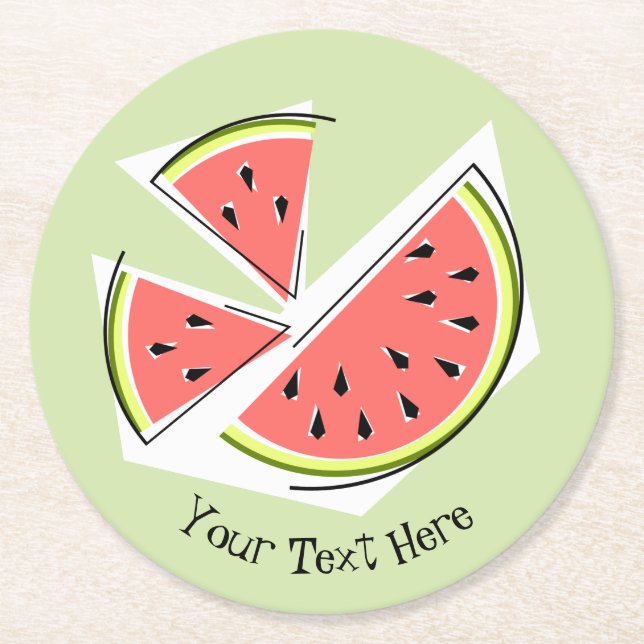 Watermelon Green Pieces Text Round Paper Coaster (Front)