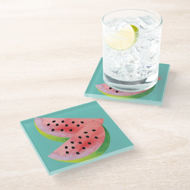 Watermelon Halves Pink Glass Coaster (Angled)