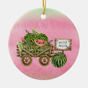 Watermelon Harvest Farmhouse Watercolor Wood Cart Ceramic Tree Decoration