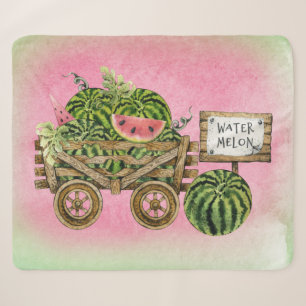 Watermelon Harvest Farmhouse Watercolor Wood Cart Sherpa Blanket