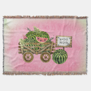 Watermelon Harvest Farmhouse Watercolor Wood Cart Throw Blanket