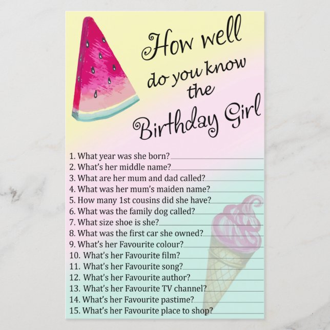 Watermelon How well do you know the birthday girl (Front)