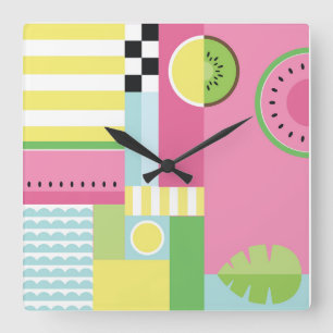 Watermelon, kiwi, summer fun colourful pattern square wall clock