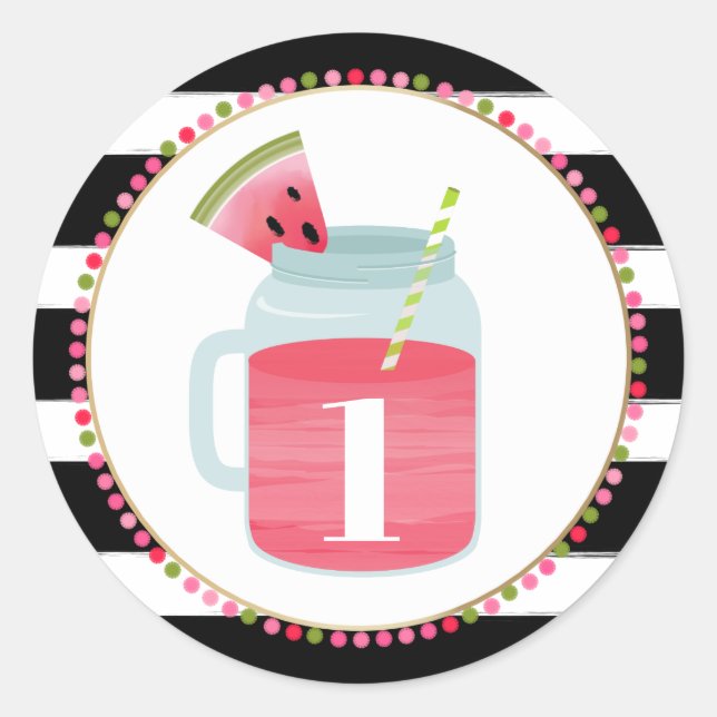 Watermelon Mason Jar Drink Black + White Birthday Classic Round Sticker (Front)