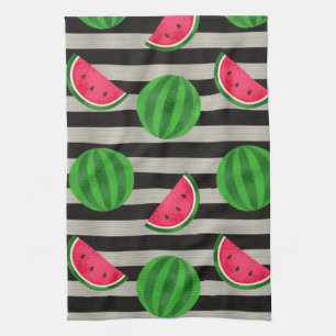Watermelon Modern Black & White Stripes Tea Towel