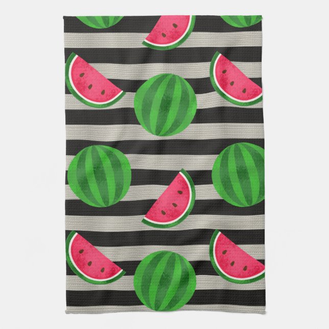 Watermelon Modern Black & White Stripes Tea Towel (Vertical)