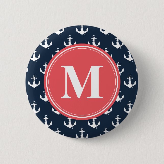 Watermelon Monogrammed Navy Blue Anchor Pattern 6 Cm Round Badge (Front)