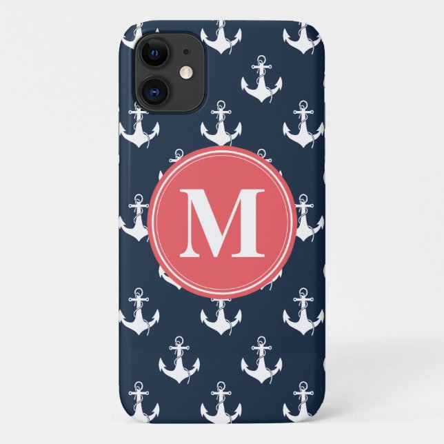 Watermelon Monogrammed Navy Blue Anchor Pattern Case-Mate iPhone Case (Back)