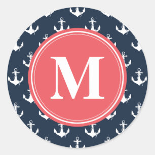 Watermelon Monogrammed Navy Blue Anchor Pattern Classic Round Sticker