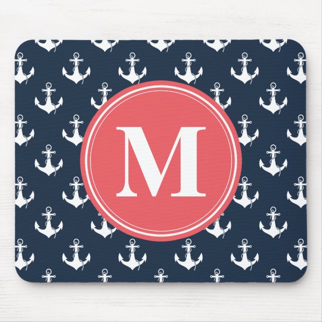 Watermelon Monogrammed Navy Blue Anchor Pattern Mouse Mat (Front)