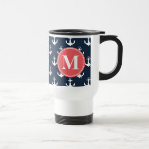 Watermelon Monogrammed Navy Blue Anchor Pattern Travel Mug