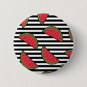 Watermelon on Black & White Stripes Pattern 6 Cm Round Badge