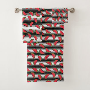 Watermelon on Black & White Stripes Pattern Bath Towel Set
