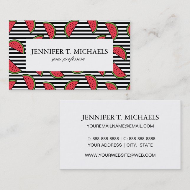 Watermelon on Black & White Stripes Pattern Business Card (Front/Back)