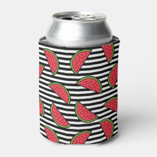 Watermelon on Black & White Stripes Pattern Can Cooler