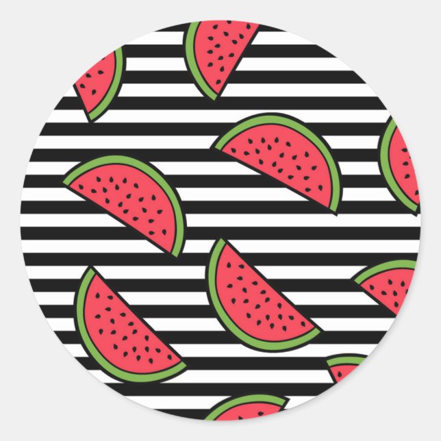 Watermelon on Black & White Stripes Pattern Classic Round Sticker (Front)