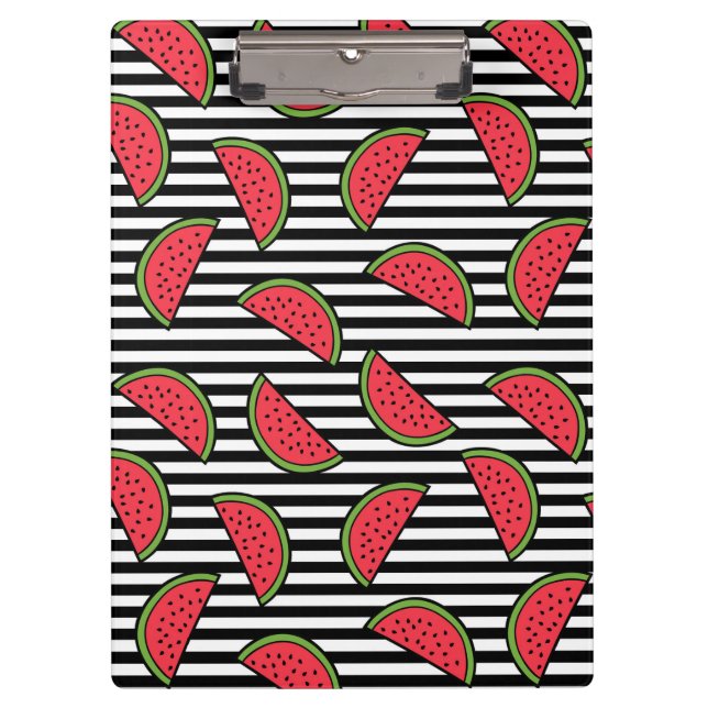 Watermelon on Black & White Stripes Pattern Clipboard (Front)