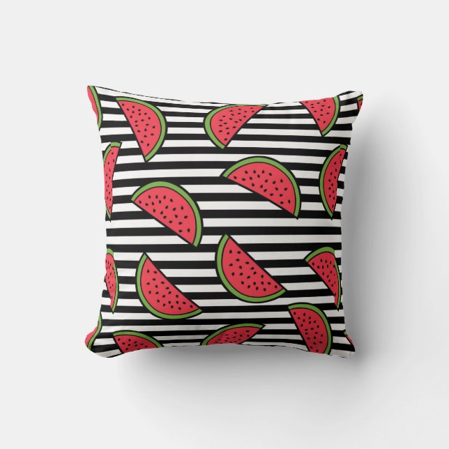 Watermelon on Black & White Stripes Pattern Cushion (Front)