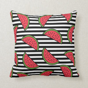 Watermelon on Black & White Stripes Pattern Cushion