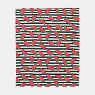 Watermelon on Black & White Stripes Pattern Fleece Blanket