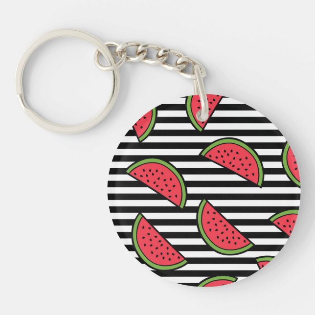 Watermelon on Black & White Stripes Pattern Key Ring (Front)
