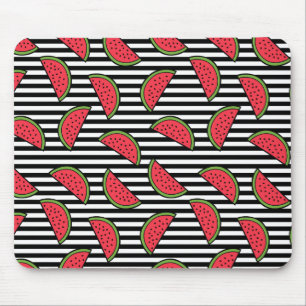 Watermelon on Black & White Stripes Pattern Mouse Mat