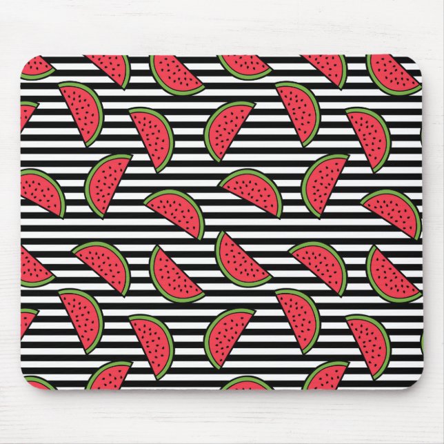 Watermelon on Black & White Stripes Pattern Mouse Mat (Front)