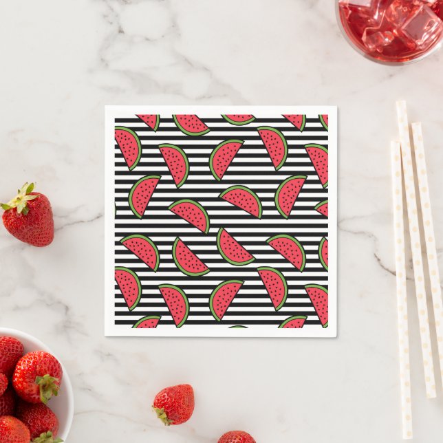 Watermelon on Black & White Stripes Pattern Napkin (Insitu)