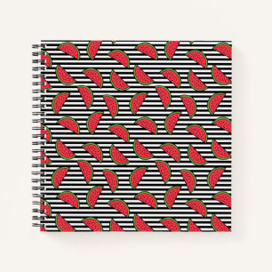 Watermelon on Black & White Stripes Pattern Notebook