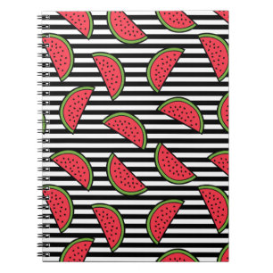 Watermelon on Black & White Stripes Pattern Notebook