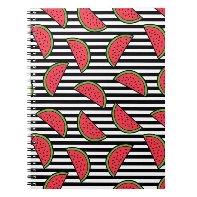 Watermelon on Black & White Stripes Pattern Notebook (Front)