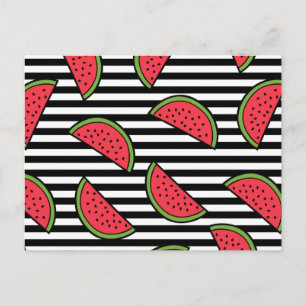 Watermelon on Black & White Stripes Pattern Postcard