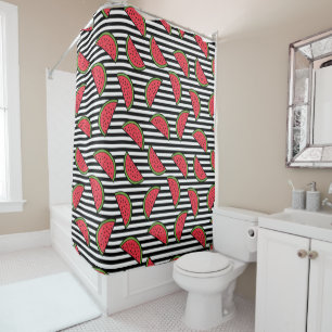 Watermelon on Black & White Stripes Pattern Shower Curtain