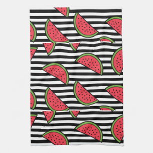 Watermelon on Black & White Stripes Pattern Tea Towel