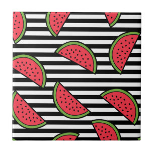 Watermelon on Black & White Stripes Pattern Tile
