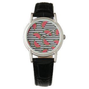 Watermelon on Black & White Stripes Pattern Watch
